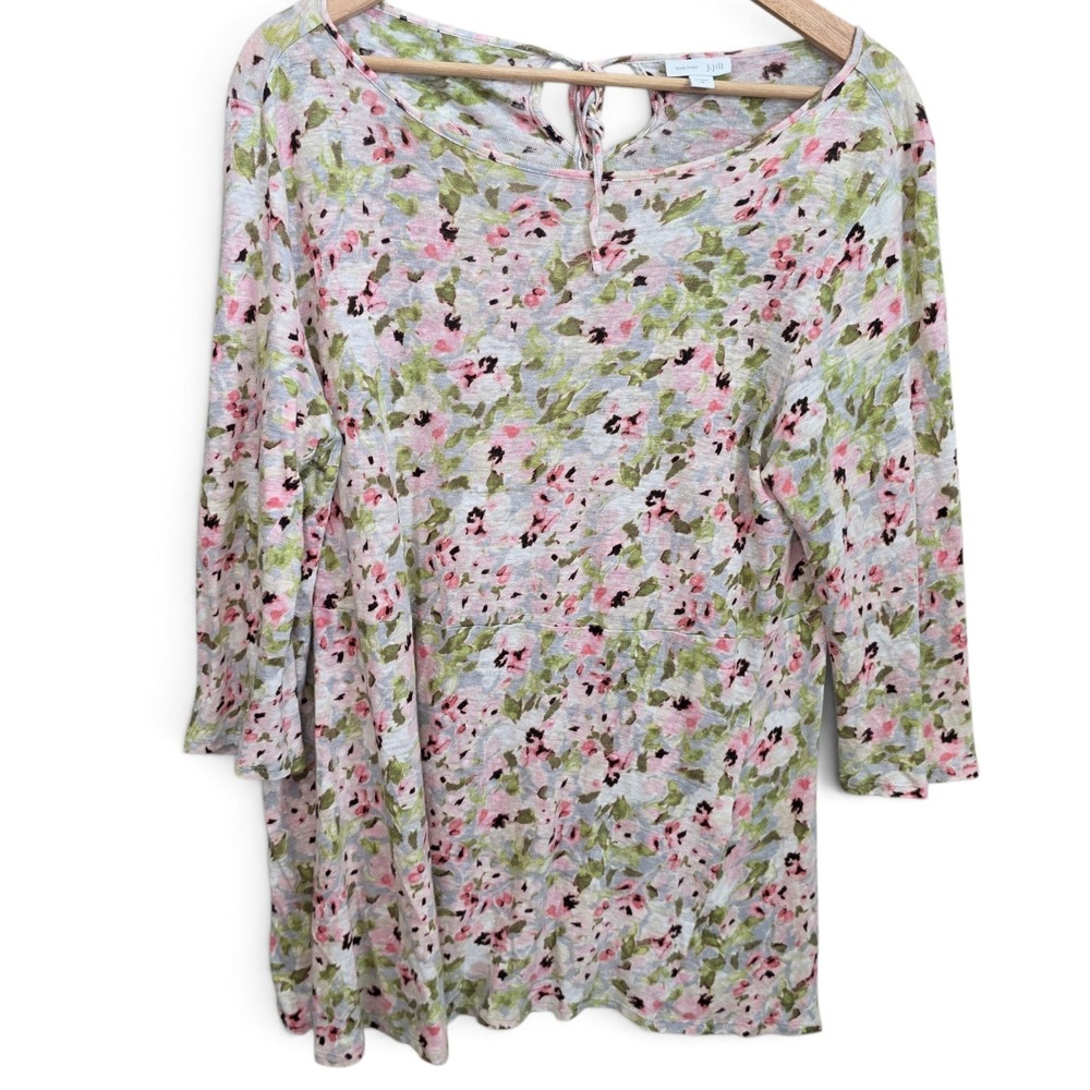 J‎ Jill Top Womens Medium Pink Floral Print Love Linen Tie 3/4 Sleeve Casual